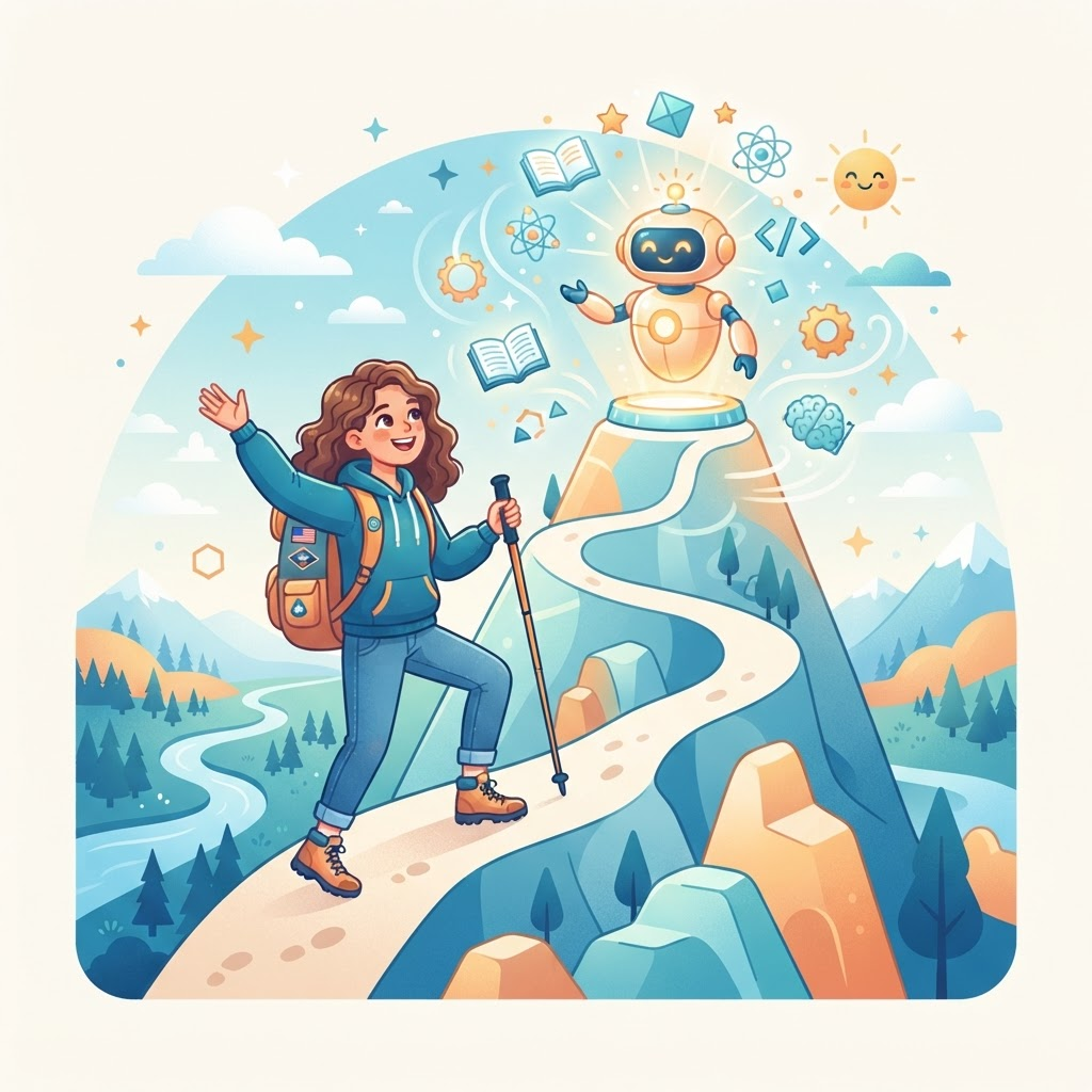 学生探索 AI 世界的插画